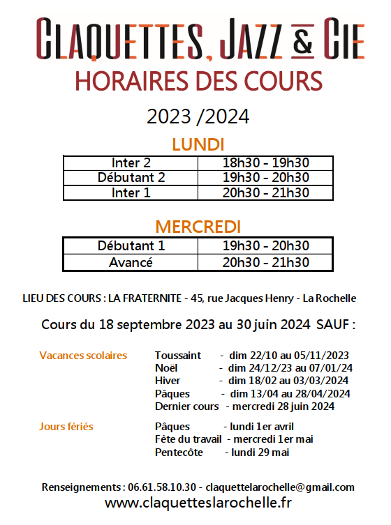 Horaires cours claquettes 2023 2024