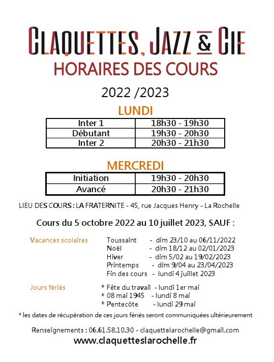 Horaires cours claquettes 2024